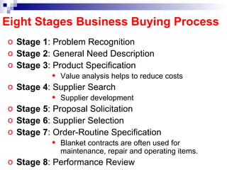 Stage 1 : Problem Recognition Stage 2 : General Need Description Stage 3 : Product Specification Value analysis helps to reduce costs Stage 4 : Supplier Search Supplier development  Stage 5 : Proposal Solicitation Stage 6 : Supplier Selection Stage 7 : Order-Routine Specification Blanket contracts are often used for maintenance, repair and operating items. Stage 8 : Performance Review Eight Stages Business Buying Process 