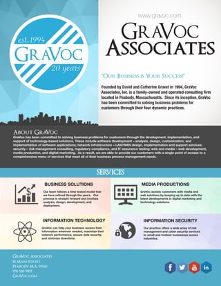 GraVoc Associates
81 Main Street,
Peabody MA, 01960
	978-538-9055
	GraVoc.com
	
BUSINESS SOLUTIONS
Our team follows a time tested model that
we have refined through the years. Our
process is straight forward and involves
analysis, design, development, and
deployment.
MEDIA PRODUCTIONS
GraVoc assists customers with media and
web solutions by keeping up to date with the
latest developments in digital marketing and
technology solutions.
INFORMATION TECHNOLOGY
GraVoc can help your business access their
information wherever needed, maximize their
network performance, ensure data security,
and minimize downtime.
INFORMATION SECURITY
Our practice offers a wide array of risk
management and cyber security services
to small and mid-size businesses across
industries.
“OUR BUSINESS IS YOUR SUCCESS!”
SERVICES
Many thanks to our customers and supporters
for 20 wonderful years in business.
- Dave & Cathy Gravel
 