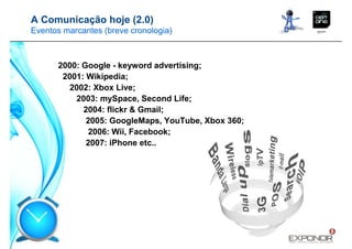 A Comunicação hoje (2.0)
Eventos marcantes (breve cronologia)



      2000: Google - keyword advertising;
       2001: Wikipedia;
        2002: Xbox Live;
          2003: mySpace, Second Life;
            2004: flickr & Gmail;
             2005: GoogleMaps, YouTube, Xbox 360;
              2006: Wii, Facebook;
             2007: iPhone etc..
 