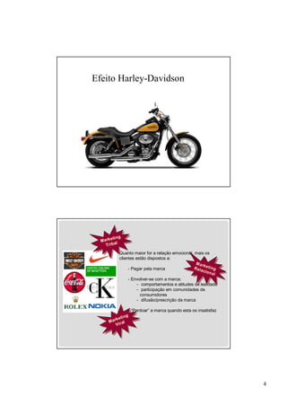 Efeito Harley-Davidson




           g
    r etin g
  Maakketiln
  M r iba l
    Trriba
     T
           Quanto maior for a relação emocional, mais os
           clientes estão dispostos a:
                                                   M ar
                                                   M aket
                - Pagar pela marca               R e l a rk ei n g
                                                  R e l a i ti n g
                                                        cco n
                                                           io n a
                                                               al
                                                                  l
                - Envolver-se com a marca:
                     - comportamentos e atitudes de lealdade
                     - participação em comunidades de
                       consumidores
                     - difusão/prescrição da marca

                - “Perdoar” a marca quando esta os insatisfaz
            ti ngg
       rkeeti n
     Maarkral l
     M V i ir a
         V




                                                                      4
 
