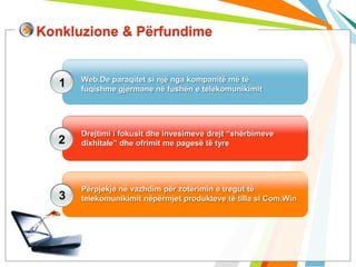 Konkluzione & Përfundime


       Web.De paraqitet si një nga kompanitë më të
   1   fuqishme gjermane në fushën e telekomunikimit




       Drejtimi i fokusit dhe invesimeve drejt “shërbimeve
   2   dixhitale” dhe ofrimit me pagesë të tyre




       Përpjekje në vazhdim për zotërimin e tregut të
   3   telekomunikimit nëpërmjet produkteve të tilla si Com.Win
 