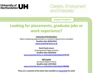 Looking for placements, graduate jobs or
work experience?
University of Hertfordshire
(Work shadowing opportunities in a variety of departments available)
Deadline date 30/05/2016
www.careerhub.herts.ac.uk
David Lloyd Leisure
(Undergraduate Opportunities)
Deadline date 4/06/2016
www.careerhub.herts.ac.uk/students/jobs/detail/479790
KBS Capital
(Graduate Opportunities)
Deadline date 1/07/2016
www.careerhub.herts.ac.uk/students/jobs/detail/480688
These are a selection of the latest roles available on CareerHub this week
Employer Deadlines
 