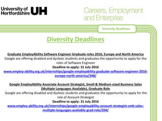 Diversity Deadlines
Graduate EmployAbility Software Engineer Graduate roles 2016, Europe and North America
Google are offering disabled and dyslexic students and graduates the opportunity to apply for the
roles of Software Engineer
Deadline to apply: 31 July 2016
www.employ-ability.org.uk/internships/google-employability-graduate-software-engineer-2016-
europe-north-america/348/
Google EmployAbility Associate Account Strategist, Small & Medium-sized Business Sales
(Multiple Languages Available), Graduate Role
Google are offering disabled and dyslexic students and graduates the opportunity to apply for the
role of Account Strategist
Deadline to apply: 31 July 2016
www.employ-ability.org.uk/internships/google-employability-account-strategist-smb-sales-
multiple-languages-available-grad-role/204/
Diversity Deadlines
 