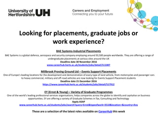 Looking for placements, graduate jobs or
work experience?
BAE Systems-Industrial Placements
BAE Systems is a global defence, aerospace and security company employing around 93,500 people worldwide. They are offering a range of
undergraduate placements at various sites around the UK
Deadline date 30 November 2016
www.careerhub.herts.ac.uk/students/jobs/detail/511087
Millbrook Proving Ground Ltd – Events Support Placements
One of Europe's leading locations for the development and demonstration of every type of land vehicle, from motorcycles and passenger cars
to heavy commercial, military and off-road vehicles are now looking for Events Support Placement students
Deadline date 21 December 2016
https://www.careerhub.herts.ac.uk/students/jobs/detail/517912
EY (Ernst & Young) – Variety of Graduate Programmes
One of the world's leading professional services organisations, helps companies across the globe to identify and capitalise on business
opportunities. EY are offering a variety of Graduate Schemes in Tax, Consulting and Technology
Apply ASAP
www.careerhub.herts.ac.uk/students/jobs/search?query=Ernst&typeofwork=3510&location=&country=Any
These are a selection of the latest roles available on CareerHub this week
 