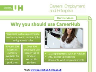 Our Services
Visit: www.careerhub.herts.ac.uk
Vacancies such as placements,
work experience, summer jobs
and graduate roles
Over 300
employers use
CareerHub to
find and
recruit UH
students
Around 600
vacancies
currently
available for
students and
graduates
• 1:1 appointments with an Adviser
• 24/7 access to resources
• Book onto workshops and events
Why you should use CareerHub
 