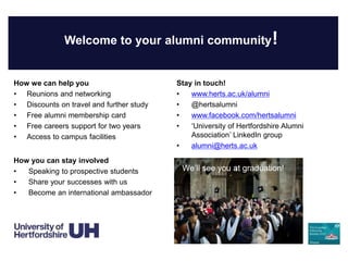 Welcome to your alumni community!
How we can help you
• Reunions and networking
• Discounts on travel and further study
• Free alumni membership card
• Free careers support for two years
• Access to campus facilities
How you can stay involved
• Speaking to prospective students
• Share your successes with us
• Become an international ambassador
Stay in touch!
• www.herts.ac.uk/alumni
• @hertsalumni
• www.facebook.com/hertsalumni
• ‘University of Hertfordshire Alumni
Association’ LinkedIn group
• alumni@herts.ac.uk
We’ll see you at graduation!
 