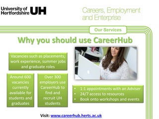 Our Services
Visit: www.careerhub.herts.ac.uk
Vacancies such as placements,
work experience, summer jobs
and graduate roles
Over 300
employers use
CareerHub to
find and
recruit UH
students
Around 600
vacancies
currently
available for
students and
graduates
• 1:1 appointments with an Adviser
• 24/7 access to resources
• Book onto workshops and events
Why you should use CareerHub
 