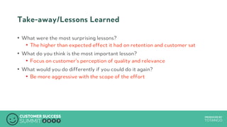 PRODUCED BYPRODUCED BY
Take-away/Lessons Learned
•  What were the most surprising lessons?
•  The higher than expected effect it had on retention and customer sat
•  What do you think is the most important lesson?
•  Focus on customer’s perception of quality and relevance
•  What would you do differently if you could do it again?
•  Be more aggressive with the scope of the effort
 