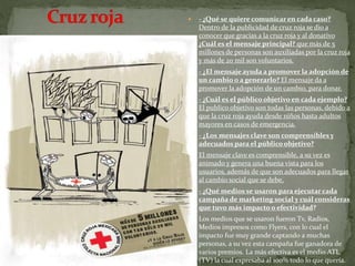 - ¿Qué se quiere comunicar en cada caso?
Dentro de la publicidad de cruz roja se dio a
conocer que gracias a la cruz roja y al donativo
¿Cuál es el mensaje principal? que más de 5
millones de personas son auxiliadas por la cruz roja
y más de 20 mil son voluntarios.
 - ¿El mensaje ayuda a promover la adopción de
un cambio o a generarlo? El mensaje da a
promover la adopción de un cambio, para donar.
 - ¿Cuál es el público objetivo en cada ejemplo?
El publico objetivo son todas las personas, debido a
que la cruz roja ayuda desde niños hasta adultos
mayores en casos de emergencia.
 - ¿Los mensajes clave son comprensibles y
adecuados para el público objetivo?
 El mensaje clave es comprensible, a su vez es
animado y genera una buena vista para los
usuarios, además de que son adecuados para llegar
al cambio social que se debe,
 - ¿Qué medios se usaron para ejecutar cada
campaña de marketing social y cuál consideras
que tuvo más impacto o efectividad?
 Los medios que se usaron fueron Tv, Radios,
Medios impresos como Flyers, con lo cual el
impacto fue muy grande captando a muchas
personas, a su vez esta campaña fue ganadora de
varios premios. La más efectiva es el medio ATL
(TV) la cual expresaba al 100% todo lo que quería.
 