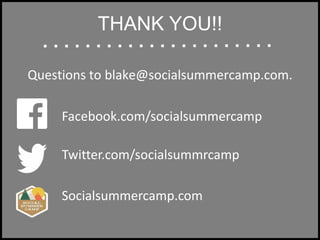 THANK YOU!!
Questions to blake@socialsummercamp.com.
Facebook.com/socialsummercamp
Twitter.com/socialsummrcamp
Socialsummercamp.com
 