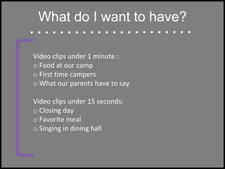 What do I want to have?
Video clips under 1 minute :
o Food at our camp
o First time campers
o What our parents have to say
Video clips under 15 seconds:
o Closing day
o Favorite meal
o Singing in dining hall
 