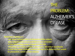 Alzheimer's disease is :
•the most common form of dementia of the elderly
•gets progressively worse and there is no remission
•is the 6th leading cause of death in the USA
•affecting more than 5 million Americans / 30 million worldwide
•is the only cause of death among the top 10 in America that cannot
be prevented, cured or even slowed.
THE
PROBLEM:
ALZHEIMER’S
DISEASE
 