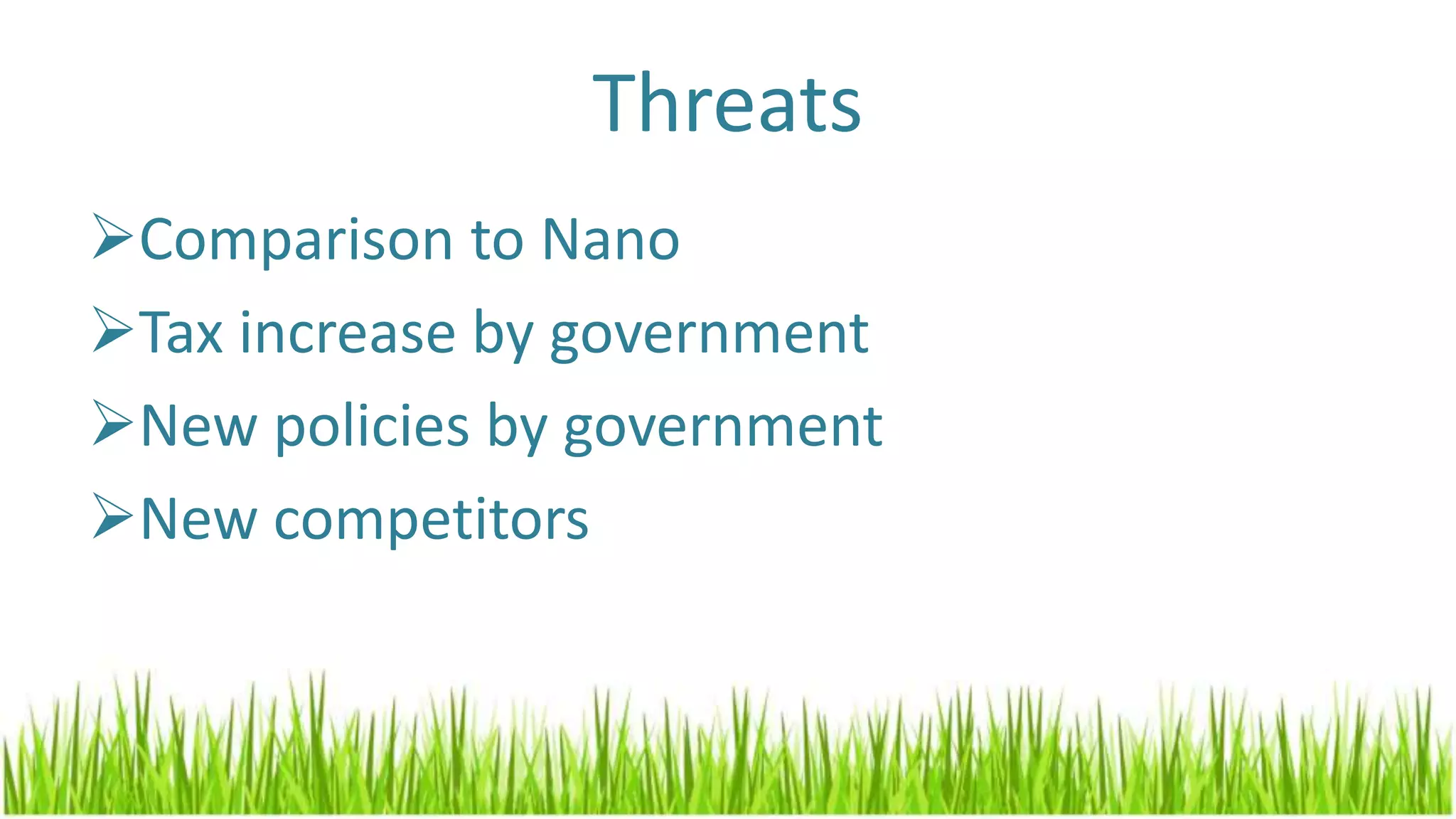 Threats
Comparison to Nano
Tax increase by government
New policies by government
New competitors
 
