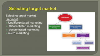 Selecting target market
segment
 Undifferentiated marketing
 Differentiated marketing
 concentrated marketing
 micro marketing
 