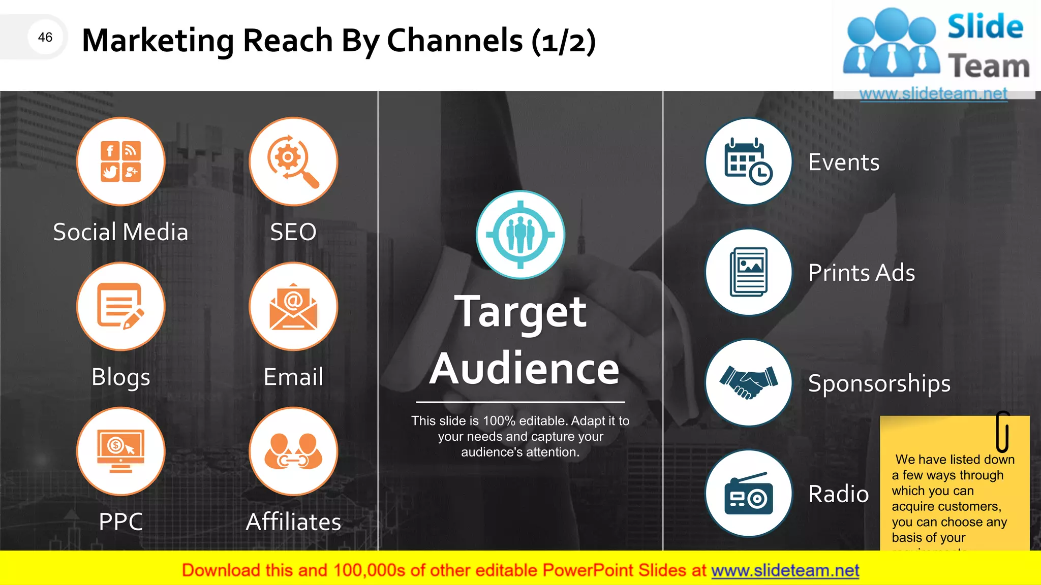 Marketing Reach By Channels (1/2)
Events
Prints Ads
Radio
Sponsorships
Social Media SEO
Blogs Email
PPC Affiliates
Target
Audience
This slide is 100% editable. Adapt it to
your needs and capture your
audience's attention.
We have listed down
a few ways through
which you can
acquire customers,
you can choose any
basis of your
requirements
46
 