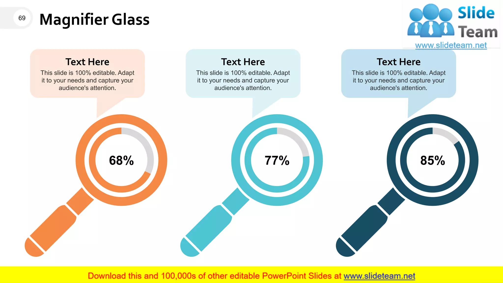 Magnifier Glass
68%
Text Here
This slide is 100% editable. Adapt
it to your needs and capture your
audience's attention.
77%
Text Here
This slide is 100% editable. Adapt
it to your needs and capture your
audience's attention.
85%
Text Here
This slide is 100% editable. Adapt
it to your needs and capture your
audience's attention.
69
This slide is 100% editable. Adapt it to your needs and capture your audience's attention.
 