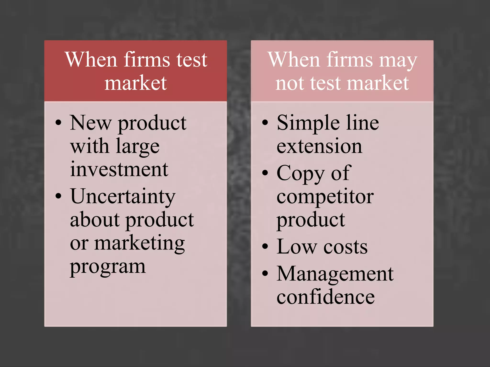 When firms test
market
• New product
with large
investment
• Uncertainty
about product
or marketing
program
When firms may
not test market
• Simple line
extension
• Copy of
competitor
product
• Low costs
• Management
confidence
 