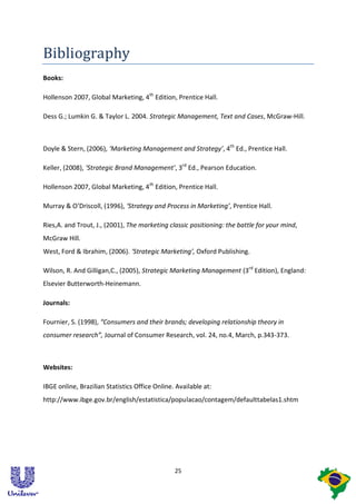 Bibliography
Books:

Hollenson 2007, Global Marketing, 4th Edition, Prentice Hall.

Dess G.; Lumkin G. & Taylor L. 2004. Strategic Management, Text and Cases, McGraw-Hill.



Doyle & Stern, (2006), ‘Marketing Management and Strategy’, 4th Ed., Prentice Hall.

Keller, (2008), ‘Strategic Brand Management’, 3rd Ed., Pearson Education.

Hollenson 2007, Global Marketing, 4 th Edition, Prentice Hall.

Murray & O’Driscoll, (1996), ‘Strategy and Process in Marketing’, Prentice Hall.

Ries,A. and Trout, J., (2001), The marketing classic positioning: the battle for your mind,
McGraw Hill.
West, Ford & Ibrahim, (2006). ‘Strategic Marketing’, Oxford Publishing.

Wilson, R. And Gilligan,C., (2005), Strategic Marketing Management (3rd Edition), England:
Elsevier Butterworth-Heinemann.

Journals:

Fournier, S. (1998), “Consumers and their brands; developing relationship theory in
consumer research”, Journal of Consumer Research, vol. 24, no.4, March, p.343-373.



Websites:

IBGE online, Brazilian Statistics Office Online. Available at:
http://www.ibge.gov.br/english/estatistica/populacao/contagem/defaulttabelas1.shtm




                                                25
 