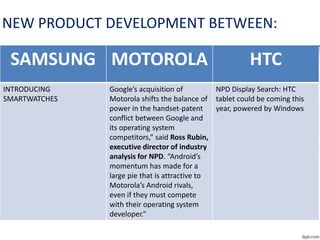 NEW PRODUCT DEVELOPMENT BETWEEN:
SAMSUNG MOTOROLA HTC
INTRODUCING
SMARTWATCHES
Google’s acquisition of
Motorola shifts the balance of
power in the handset-patent
conflict between Google and
its operating system
competitors,” said Ross Rubin,
executive director of industry
analysis for NPD. “Android’s
momentum has made for a
large pie that is attractive to
Motorola’s Android rivals,
even if they must compete
with their operating system
developer.”
NPD Display Search: HTC
tablet could be coming this
year, powered by Windows
 