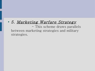 5.  Marketing Warfare Strategy   - This scheme draws parallels between marketing strategies and military strategies.  