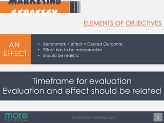 ELEMENTS OF OBJECTIVES

AN
EFFECT

• Benchmark + effect = Desired Outcome
• Effect has to be measureable
• Should be realistic

Timeframe for evaluation
Evaluation and effect should be related
contact@moreslides.com

5

 