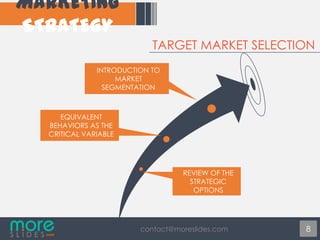 TARGET MARKET SELECTION
INTRODUCTION TO
MARKET
SEGMENTATION

EQUIVALENT
BEHAVIORS AS THE
CRITICAL VARIABLE

REVIEW OF THE
STRATEGIC
OPTIONS

contact@moreslides.com

8

 