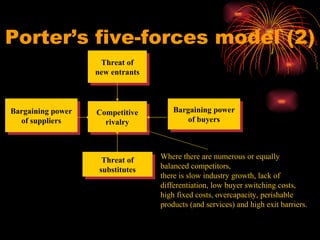 Porter’s five-forces model  (2) Bargaining power o f   suppliers Threat of new entrants Competitive r ivalry Threat of substitutes Bargaining power o f   buyers Where there are numerous or equally balanced competitors,  there is slow industry growth, lack of differentiation, low buyer switching costs, high fixed costs, overcapacity, perishable products (and services) and high exit barriers. 
