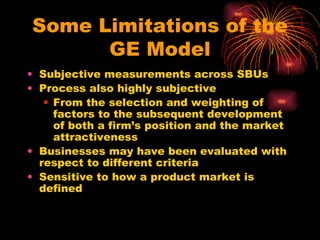 Some Limitations of the GE Model Subjective measurements across SBUs Process also highly subjective From the selection and weighting of factors to the subsequent development of both a firm’s position and the market attractiveness  Businesses may have been evaluated with respect to different criteria Sensitive to how a product market is defined 