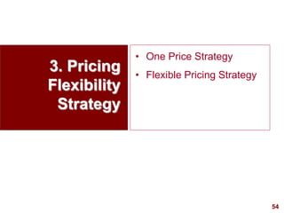 54
visit: www.studyMarketing.org
3. Pricing
Flexibility
Strategy
• One Price Strategy
• Flexible Pricing Strategy
 