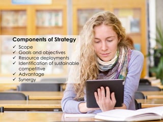 Components of Strategy
 Scope
 Goals and objectives
 Resource deployments
 Identification of sustainable
competitive
 Advantage
 Synergy
 