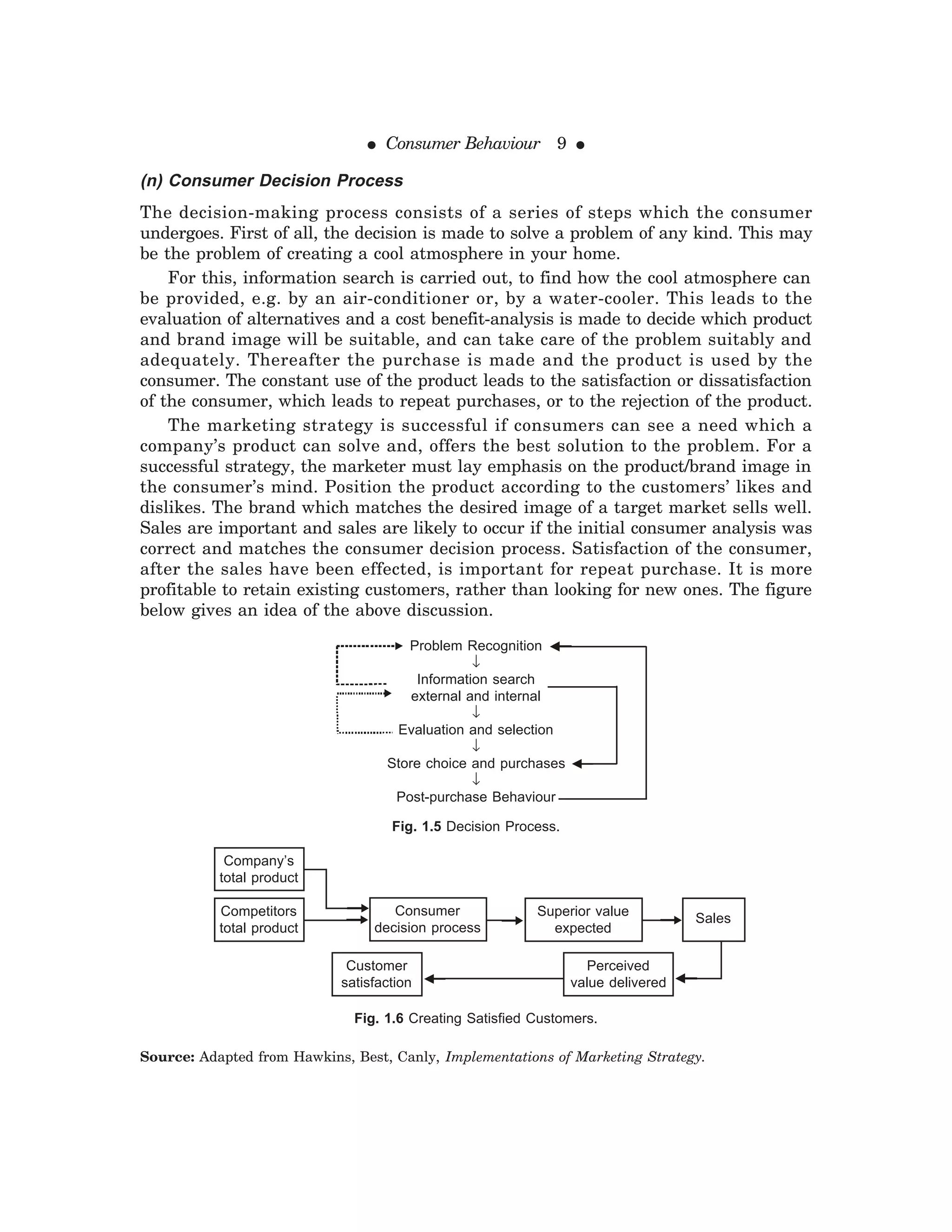 ● Consumer Behaviour 9 ●
(n) Consumer Decision Process
The decision-making process consists of a series of steps which the consumer
undergoes. First of all, the decision is made to solve a problem of any kind. This may
be the problem of creating a cool atmosphere in your home.
For this, information search is carried out, to find how the cool atmosphere can
be provided, e.g. by an air-conditioner or, by a water-cooler. This leads to the
evaluation of alternatives and a cost benefit-analysis is made to decide which product
and brand image will be suitable, and can take care of the problem suitably and
adequately. Thereafter the purchase is made and the product is used by the
consumer. The constant use of the product leads to the satisfaction or dissatisfaction
of the consumer, which leads to repeat purchases, or to the rejection of the product.
The marketing strategy is successful if consumers can see a need which a
company’s product can solve and, offers the best solution to the problem. For a
successful strategy, the marketer must lay emphasis on the product/brand image in
the consumer’s mind. Position the product according to the customers’ likes and
dislikes. The brand which matches the desired image of a target market sells well.
Sales are important and sales are likely to occur if the initial consumer analysis was
correct and matches the consumer decision process. Satisfaction of the consumer,
after the sales have been effected, is important for repeat purchase. It is more
profitable to retain existing customers, rather than looking for new ones. The figure
below gives an idea of the above discussion.
Problem Recognition
↓
Information search
external and internal
↓
Evaluation and selection
↓
Store choice and purchases
↓
Post-purchase Behaviour
Fig. 1.5 Decision Process.
Fig. 1.6 Creating Satisfied Customers.
Competitors
total product
Company’s
total product
Consumer
decision process
Sales
Customer
satisfaction
Perceived
value delivered
Superior value
expected
Source: Adapted from Hawkins, Best, Canly, Implementations of Marketing Strategy.
 