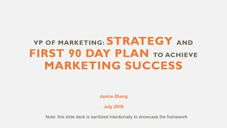 VP OF MARKETING: STRATEGY AND
FIRST 90 DAY PLAN TO ACHIEVE
MARKETING SUCCESS
Janice Zhang
July 2018
Note: this slide deck is sanitized intentionally to showcase the framework
 