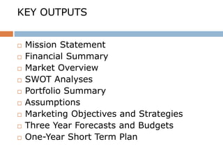 KEY OUTPUTS 
 Mission Statement 
 Financial Summary 
 Market Overview 
 SWOT Analyses 
 Portfolio Summary 
 Assumptions 
 Marketing Objectives and Strategies 
 Three Year Forecasts and Budgets 
 One-Year Short Term Plan 
 