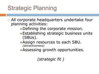 Strategic Planning 
 All corporate headquarters undertake four 
planning activities: 
Defining the corporate mission. 
Establishing strategic business units 
(SBUs). 
Assign resources to each SBU. 
(attractiveness) 
Assessing growth opportunities. 
(strategic fit ) 
 