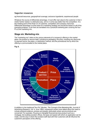 Superior resources
eg financial resources, geographical coverage, exclusive ingredients, experienced people
Whatever the source of differential advantage, it must offer real value to the customer in that it
meets his/her needs in a distinctive way, and is in some way better than the competition. It is
the meeting point of the three C's of customer, competition and company resources.
Differential advantage is at the heart of a marketing strategy and should be based on all of the
preceding analysis. It can then be translated into a practical marketing plan covering the four
P's of the marketing mix.

Stage six: Marketing mix
The "marketing mix" refers to the various elements of a company's offering in the market
place: the product or service itself, including its packaging; the price, including any discounts
or payment terms; the place, or distribution method; and the promotional mix by which the
offering is communicated to the market place.
Fig. 6.

In addition to the traditional "four Ps" (Borden, The Concept of the Marketing Mix, Journal of
Advertising Research, Vol. 4, June 1964), subsequent writers have talked about the need to
include physical evidence, process and people, particularly where service products are
concerned. For example, if buying an intangible financial services product such as a
mortgage, the building society's offices, the ease and speed with which an application can be
made, and the way in which the society's staff deal with their customers will all influence the
customer's perception of the offering.

 