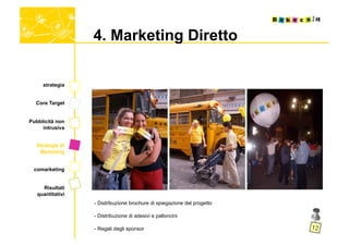 4. Marketing Diretto


     strategia


  Core Target


Pubblicità non
     intrusiva


  Strategie di
   Marketing


 comarketing


     Risultati
   quantitativi
                  - Distribuzione brochure di spiegazione del progetto

                  - Distribuzione di adesivi e palloncini

                  - Regali degli sponsor
 