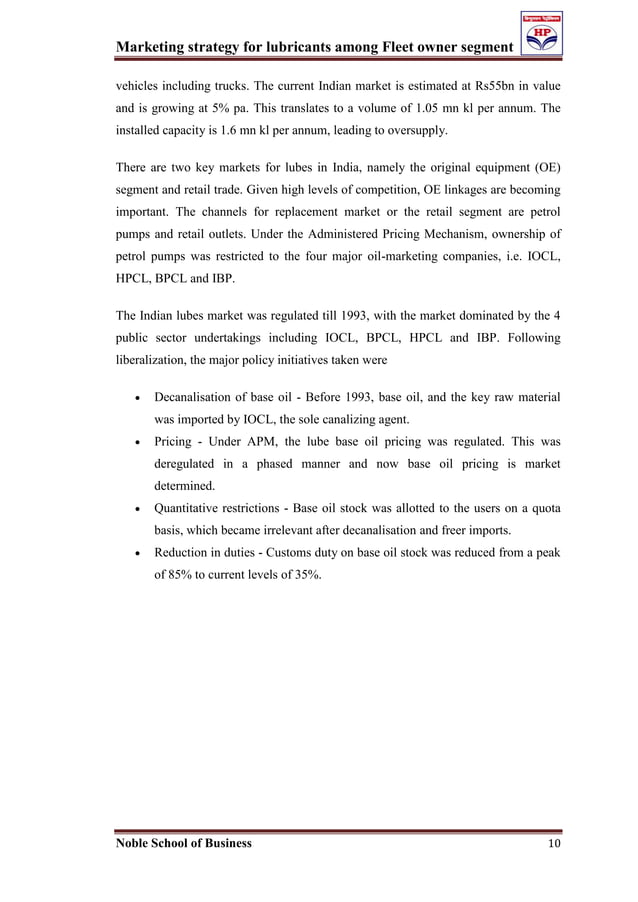 Marketing strategy for lubricants among fleet owner segment