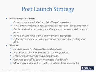 Post Launch Strategy
      Interviews/Guest Posts
         Feature yourself in industry-related blogs/magazines.
       ...