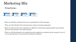 Marketing Mix
• Pricing Strategy –
• Here we will first calculate the cost to manufacture of the shampoo
• Then we will calculate the cost plus price using accounting approach
• Then we will use the ‘price elasticity co-efficient’ to determine optimal mark-up and from
that we will calculate our mark-up price
• Then we will benchmark our competitors price against our optimal mark-up price to see if
we are pricing more or less than the industry standard
Cost to
Manufacture
Cost Plus
Price
Optimal Mark
-up
Bench Mark
Price
 