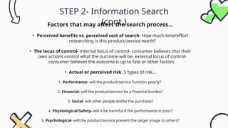 STEP 2- Information Search
(cont.)
Factors that may affect the search process…
• Perceived benefits vs. perceived cost of search- How much time/effort
researching is this product/service worth?
• The locus of control- internal locus of control- consumer believes that their
own actions control what the outcome will be, external locus of control-
consumer believes the outcome is up to fate or other factors.
• Actual or perceived risk, 5 types of risk…
1. Performance- will the product/service function poorly?
2. Financial- will the product/service be a financial burden?
3. Social- will other people dislike the purchase?
4. Physiological/Safety- will it be harmful if the performance is poor?
5. Psychological- will the product/service present the target image to others?
 