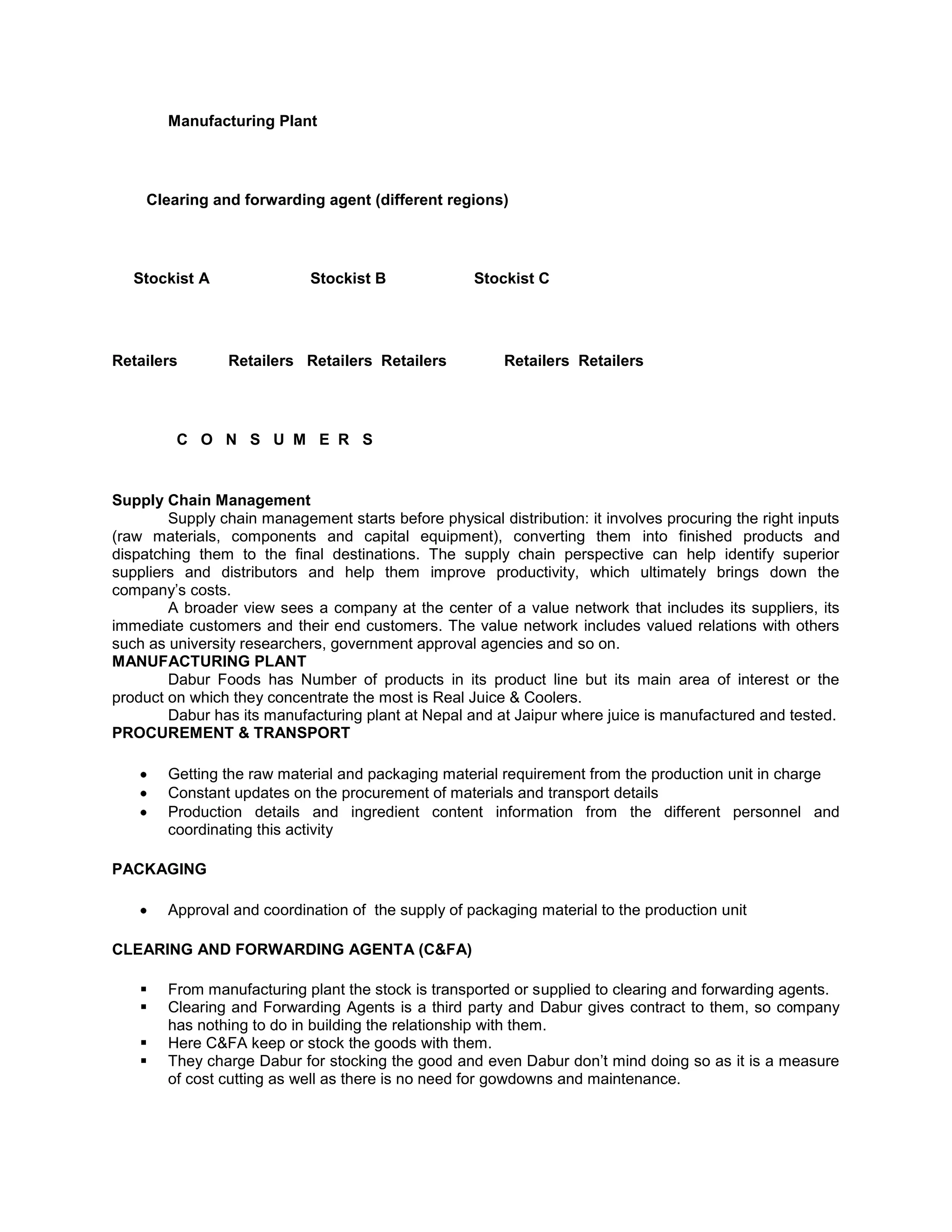 Manufacturing Plant

Clearing and forwarding agent (different regions)

Stockist A

Retailers

Stockist B

Retailers Retailers Retailers

Stockist C

Retailers Retailers

C O N S U M E R S

Supply Chain Management
Supply chain management starts before physical distribution: it involves procuring the right inputs
(raw materials, components and capital equipment), converting them into finished products and
dispatching them to the final destinations. The supply chain perspective can help identify superior
suppliers and distributors and help them improve productivity, which ultimately brings down the
company‘s costs.
A broader view sees a company at the center of a value network that includes its suppliers, its
immediate customers and their end customers. The value network includes valued relations with others
such as university researchers, government approval agencies and so on.
MANUFACTURING PLANT
Dabur Foods has Number of products in its product line but its main area of interest or the
product on which they concentrate the most is Real Juice & Coolers.
Dabur has its manufacturing plant at Nepal and at Jaipur where juice is manufactured and tested.
PROCUREMENT & TRANSPORT
Getting the raw material and packaging material requirement from the production unit in charge
Constant updates on the procurement of materials and transport details
Production details and ingredient content information from the different personnel and
coordinating this activity
PACKAGING
Approval and coordination of the supply of packaging material to the production unit
CLEARING AND FORWARDING AGENTA (C&FA)





From manufacturing plant the stock is transported or supplied to clearing and forwarding agents.
Clearing and Forwarding Agents is a third party and Dabur gives contract to them, so company
has nothing to do in building the relationship with them.
Here C&FA keep or stock the goods with them.
They charge Dabur for stocking the good and even Dabur don‘t mind doing so as it is a measure
of cost cutting as well as there is no need for gowdowns and maintenance.

 