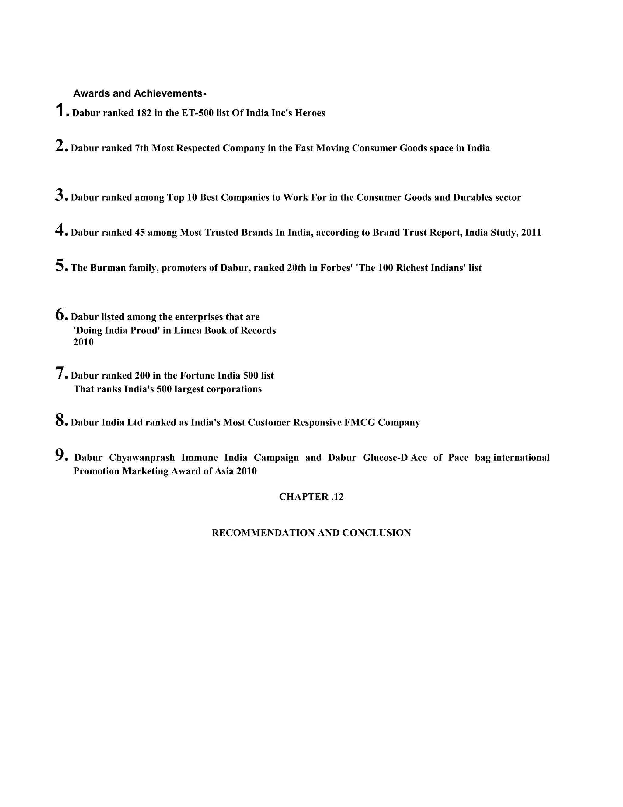 Awards and Achievements-

1. Dabur ranked 182 in the ET-500 list Of India Inc's Heroes
2. Dabur ranked 7th Most Respected Company in the Fast Moving Consumer Goods space in India
3. Dabur ranked among Top 10 Best Companies to Work For in the Consumer Goods and Durables sector
4. Dabur ranked 45 among Most Trusted Brands In India, according to Brand Trust Report, India Study, 2011
5. The Burman family, promoters of Dabur, ranked 20th in Forbes' 'The 100 Richest Indians' list
6. Dabur listed among the enterprises that are
'Doing India Proud' in Limca Book of Records
2010

7. Dabur ranked 200 in the Fortune India 500 list
That ranks India's 500 largest corporations

8. Dabur India Ltd ranked as India's Most Customer Responsive FMCG Company
9.

Dabur Chyawanprash Immune India Campaign and Dabur Glucose-D Ace of Pace bag international
Promotion Marketing Award of Asia 2010
CHAPTER .12

RECOMMENDATION AND CONCLUSION

 