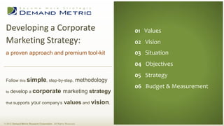 Developing a Corporate                                                         01 Executive Summary
                                                                                 01 Values
 Marketing Strategy:                                                            02 Situation Analysis
                                                                                 02 Vision
                                                                                03 Planning
 a proven approach and premium tool-kit                                          03 Situation
                                                                                04 Administration
                                                                                 04 Objectives
                                                                                05 Measurement
                                                                                 05 Strategy
                                                                                06 Budget
 Follow this simple, step-by-step,                                methodology
                                                                                 06 Budget & Measurement
 to   develop a corporate marketing strategy

 that supports         your company’s values and vision.



© 2012 Demand Metric Research Corporation. All Rights Reserved.
 