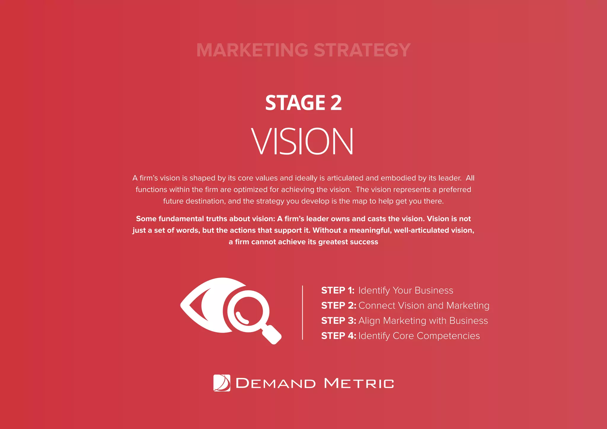 VISION
STAGE 2
A ﬁrm’s vision is shaped by its core values and ideally is articulated and embodied by its leader. All
functions within the ﬁrm are optimized for achieving the vision. The vision represents a preferred
future destination, and the strategy you develop is the map to help get you there.
Some fundamental truths about vision: A ﬁrm’s leader owns and casts the vision. Vision is not
just a set of words, but the actions that support it. Without a meaningful, well-articulated vision,
a ﬁrm cannot achieve its greatest success
STEP 1: Identify Your Business
STEP 2: Connect Vision and Marketing
STEP 3: Align Marketing with Business
STEP 4: Identify Core Competencies
MARKETING STRATEGY
 