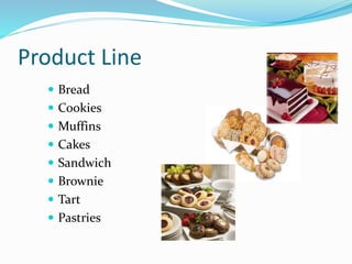Product Line
 Bread
 Cookies
 Muffins
 Cakes
 Sandwich
 Brownie
 Tart
 Pastries
 