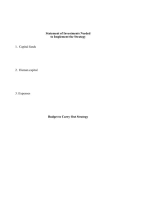 Statement of Investments Needed
                      to Implement the Strategy


1. Capital funds




2. Human capital




3. Expenses




                    Budget to Carry Out Strategy
 