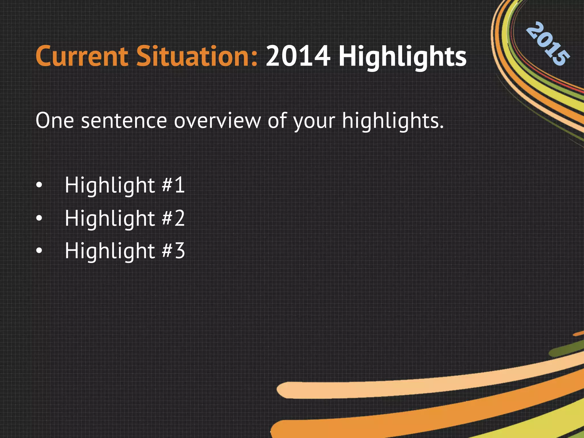 Current Situation: 2014 Highlights
One sentence overview of your highlights.
•  Highlight #1
•  Highlight #2
•  Highlight #3
 