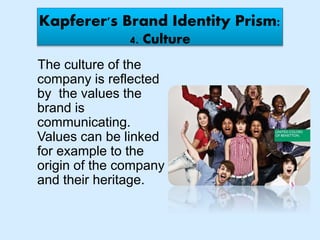Kapferer's Brand Identity Prism:
4. Culture
The culture of the
company is reflected
by the values the
brand is
communicating.
Values can be linked
for example to the
origin of the company
and their heritage.
 