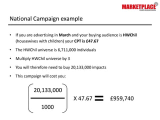 National Campaign exampleIf you are advertising in March and your buying audience is HWChil (housewives with children) your CPT is £47.67The HWChil universe is 6,711,000 individualsMultiply HWChil universe by 3You will therefore need to buy 20,133,000 impactsThis campaign will cost you:20,133,000£959,740X 47.671000