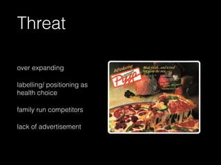 Threat
over expanding
labelling/ positioning as
health choice
family run competitors
lack of advertisement
 